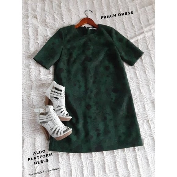 FRNCH Dark Green Floral Faux Suede Mini Dress Short Sleeve Size S - Picture 5 of 8